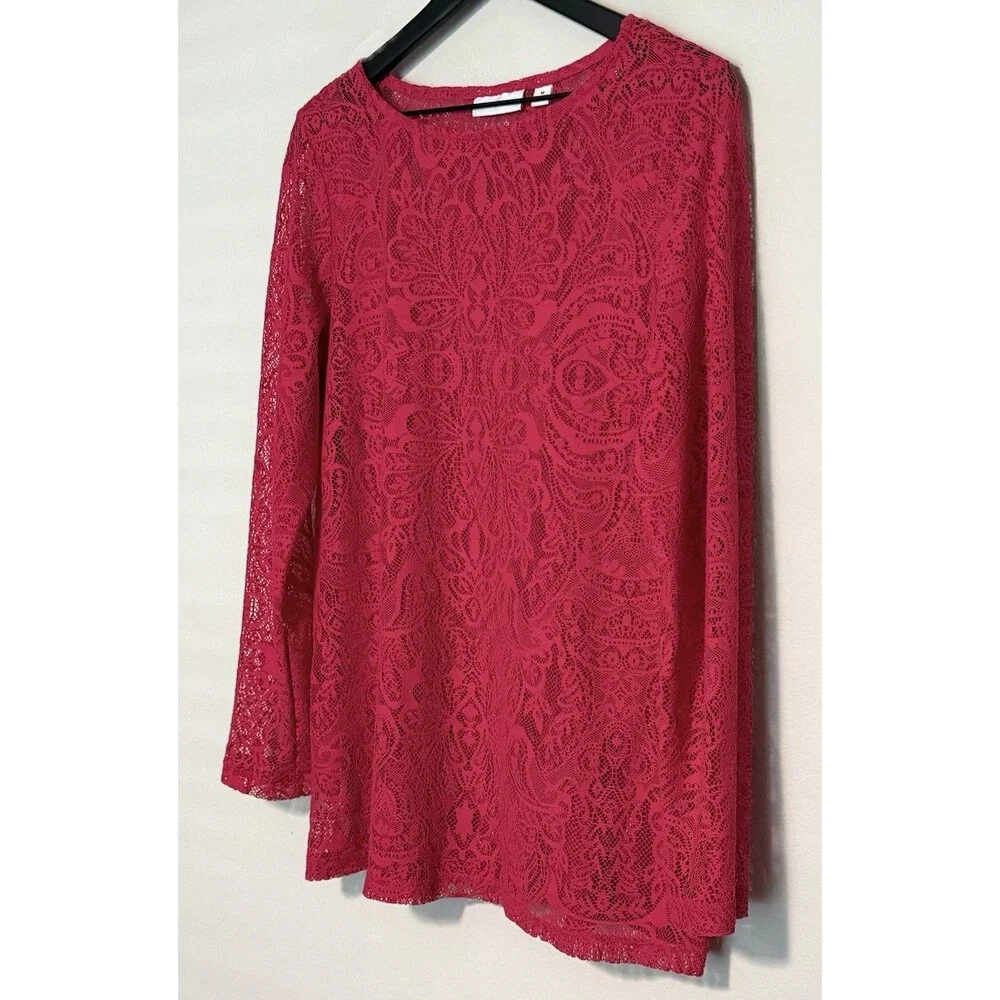 Susan Graver Sheer Lace Tunic Blouse Sz M Fuchsia Popover Longline Layering